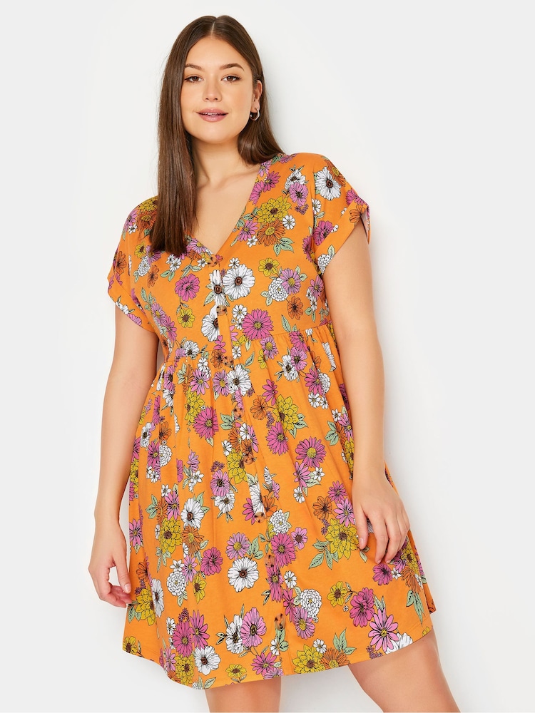 Yours Curve Orange YOURS Curve Orange 100% Cotton Floral Print Button Front Smock Dress - Image 1 of 5