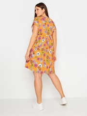 Yours Curve Orange YOURS Curve Orange 100% Cotton Floral Print Button Front Smock Dress - Image 3 of 5