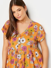 Yours Curve Orange YOURS Curve Orange 100% Cotton Floral Print Button Front Smock Dress - Image 4 of 5