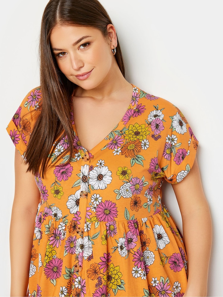 Yours Curve Yours Curve Orange 100% Cotton квітковий принт Button Front Smock сукня - Image 4 of 5