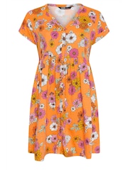Yours Curve Orange YOURS Curve Orange 100% Cotton Floral Print Button Front Smock Dress - Image 5 of 5