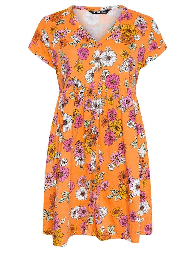 Yours Curve Orange YOURS Curve Orange 100% Cotton Floral Print Button Front Smock Dress - Image 5 of 5
