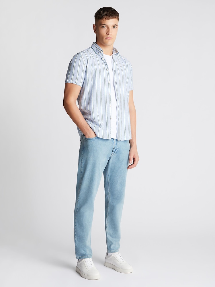 Remus Uomo Blue Slim Fit Striped Cotton Linen Shirt - Image 2 of 6