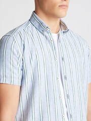 Remus Uomo Blue Slim Fit Striped Cotton Linen Shirt - Image 5 of 6
