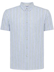 Remus Uomo Blue Slim Fit Striped Cotton Linen Shirt - Image 6 of 6