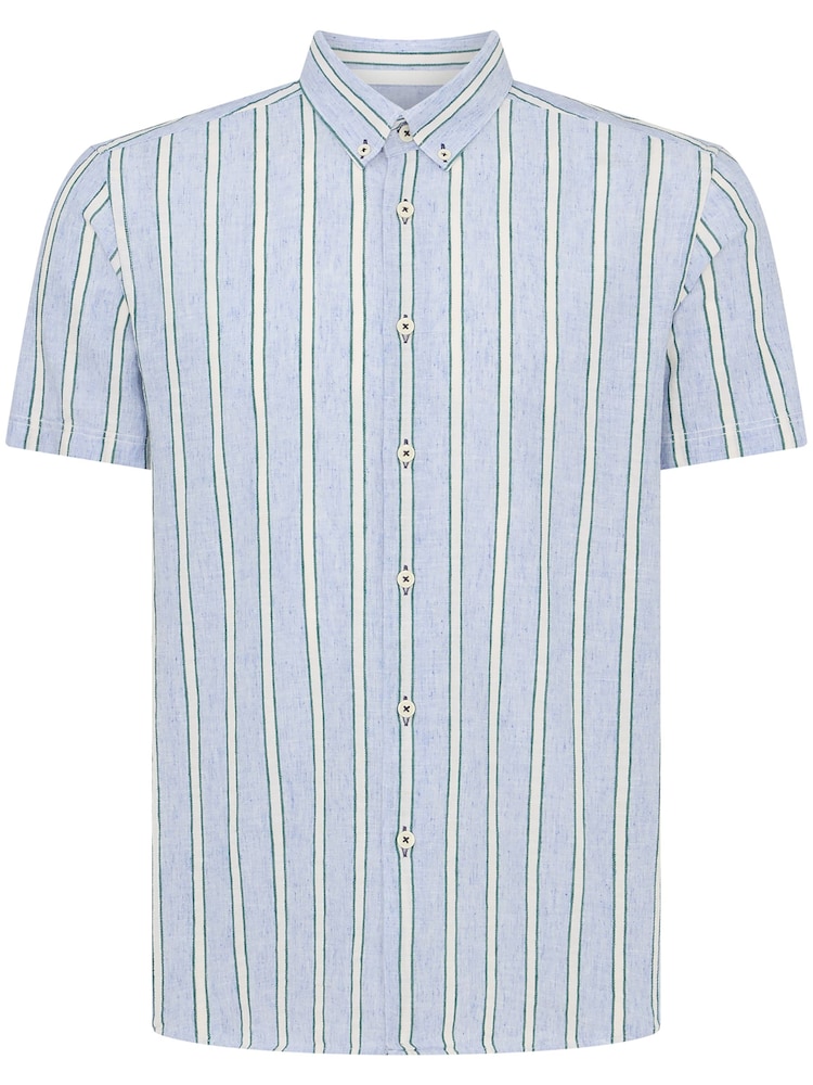 Remus Uomo Blue Slim Fit Striped Cotton Linen Shirt - Image 6 of 6