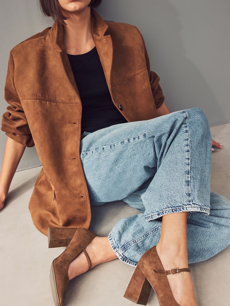 Tan Brown Forever Comfort® Leather Square Toe Block Heel Mary Jane Shoes - Image 3 of 10