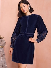 Love & Roses Navy Blue Velvet Lace Mini Dress - Image 1 of 4
