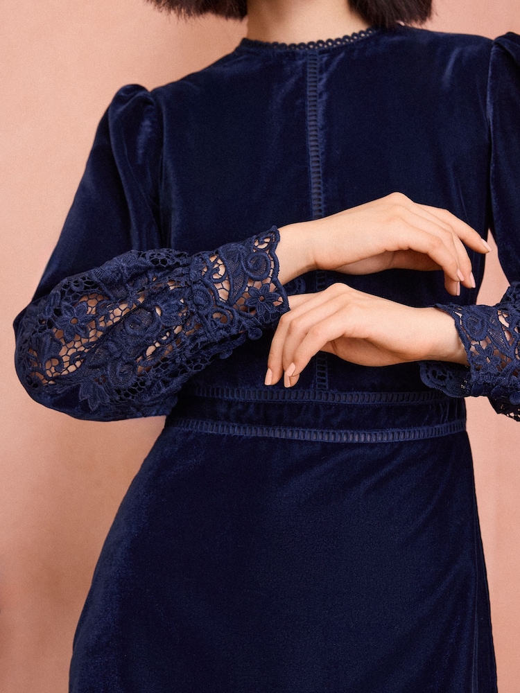 Love & Roses Navy Blue Velvet Lace Mini Dress - Image 2 of 4