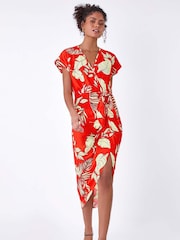 Dusk Orange Floral Wrap Tie Detail Dress - Image 1 of 5