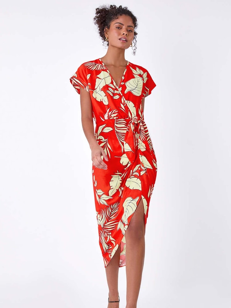 Dusk Orange Floral Wrap Tie Detail Dress - Image 1 of 5