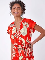 Dusk Orange Floral Wrap Tie Detail Dress - Image 4 of 5