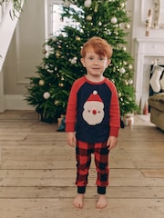 Navy/Red Santa Check 100% Cotton Single Christmas Pyjamas (9mths-12yrs) - Image 1 of 7