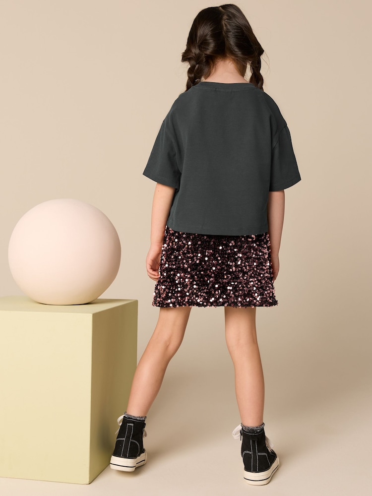 Charcoal Grey Embellished T-Shirt And Sequin Skirt Set (3-16yrs) - Image 2 of 7