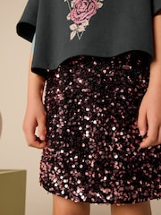 Charcoal Grey Embellished T-Shirt And Sequin Skirt Set (3-16yrs) - Image 3 of 7