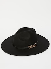 Lipsy Black Chain Detailing Faux Suede Fedora Hat - Image 1 of 4