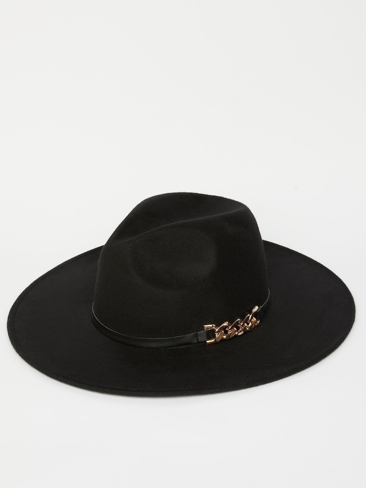 Lipsy Black Chain Detailing Faux Suede Fedora Hat - Image 1 of 4