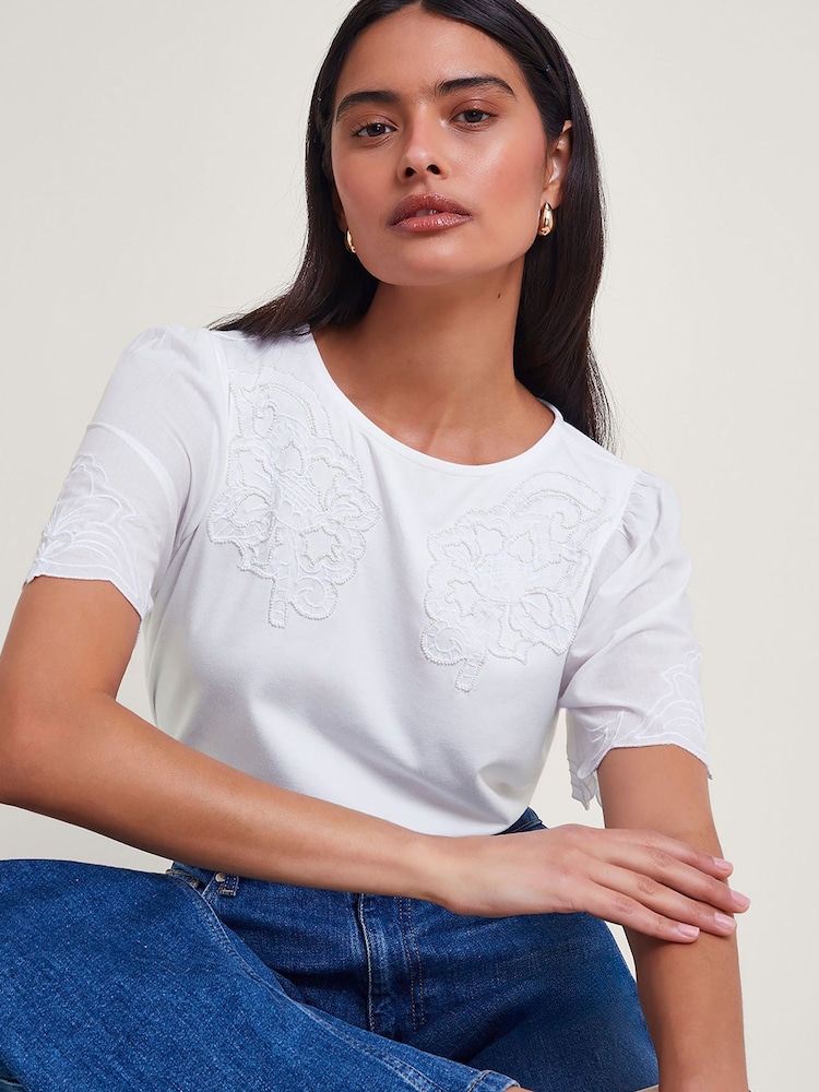 Monsoon Tatianna Verziertes T-Shirt, Weiß - Bild 1 von 5