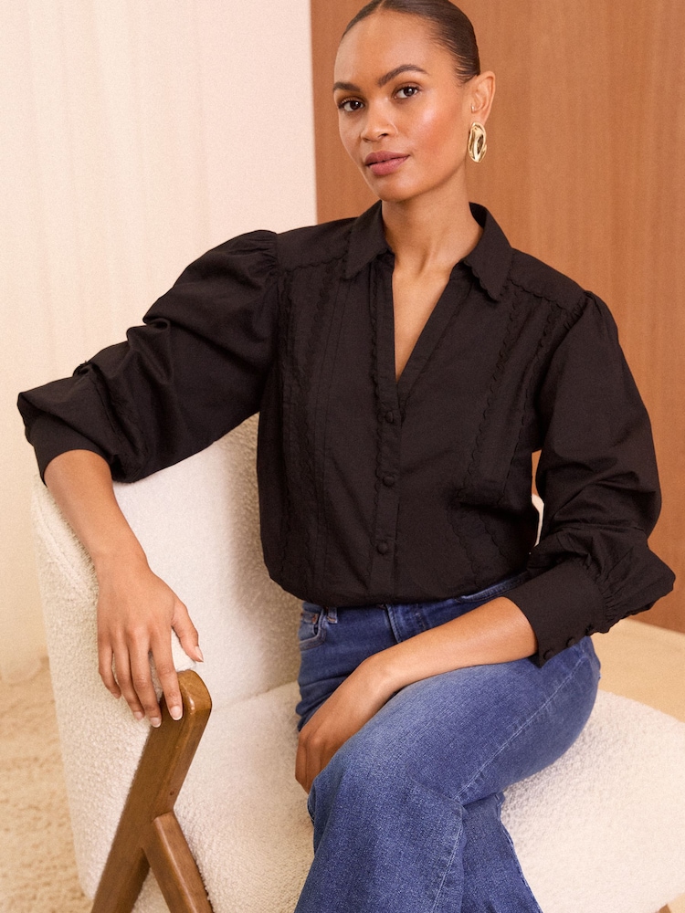 Love & Roses Black V Neck Ric Rac Trim Blouse - Image 1 of 4 Love & Roses Black V Neck Ric Rac Trim Blouse - Image 1 of 4