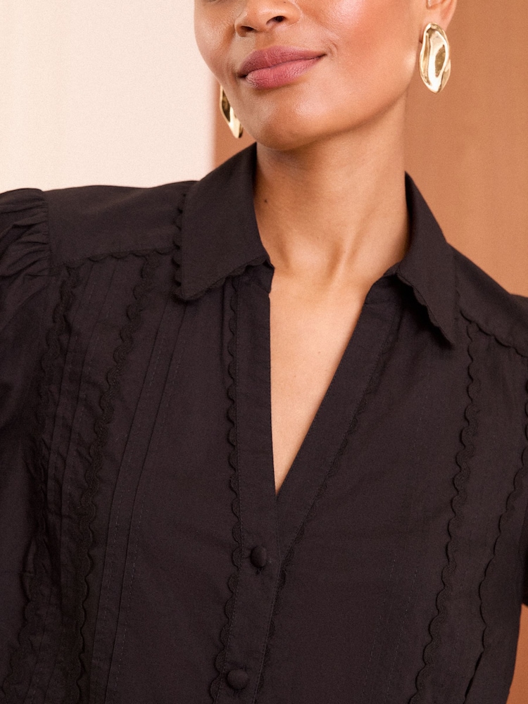 Love & Roses Black V Neck Ric Rac Trim Blouse - Image 2 of 4 Love & Roses Black V Neck Ric Rac Trim Blouse - Image 2 of 4