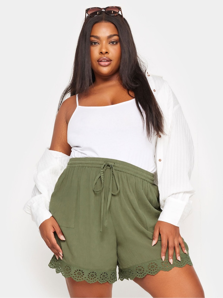 Yours Curve Green Broderie Anglaise Scalloped Shorts - Image 1 of 5