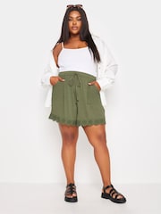 Yours Curve Green Broderie Anglaise Scalloped Shorts - Image 2 of 5