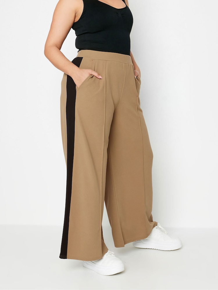 Yours Curve Brown Side Stripe Wide Leg Trousers - Image 1 of 4