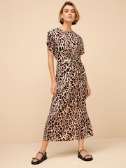 Leopard Animal Print Twist Waist Short Sleeve Midi Dress - Image 2 of 6