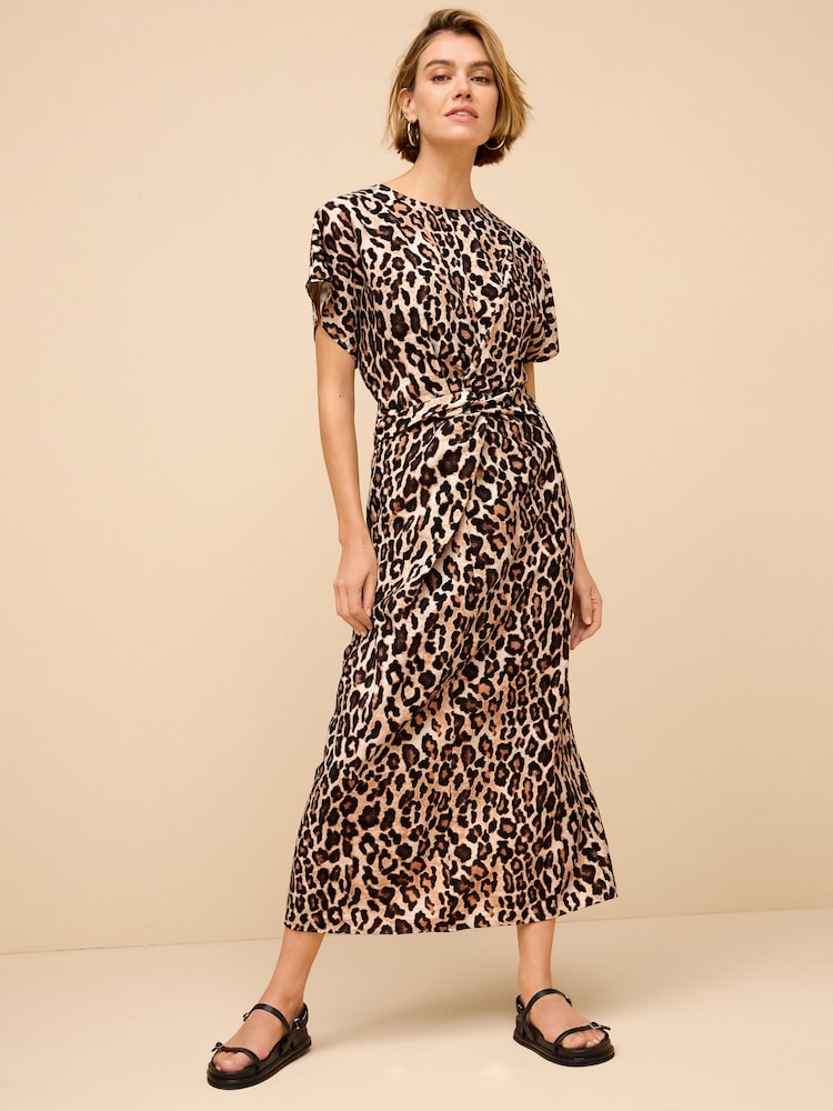 Leopard Animal Print Twist Waist Short Sleeve Midi Dress - Image 2 of 6