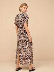Leopard Animal Print Twist Waist Short Sleeve Midi Dress - Image 3 of 6