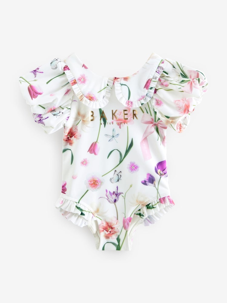 Baker by Ted Baker Floral Frill Collar White Swimsuit - Image 1 of 5