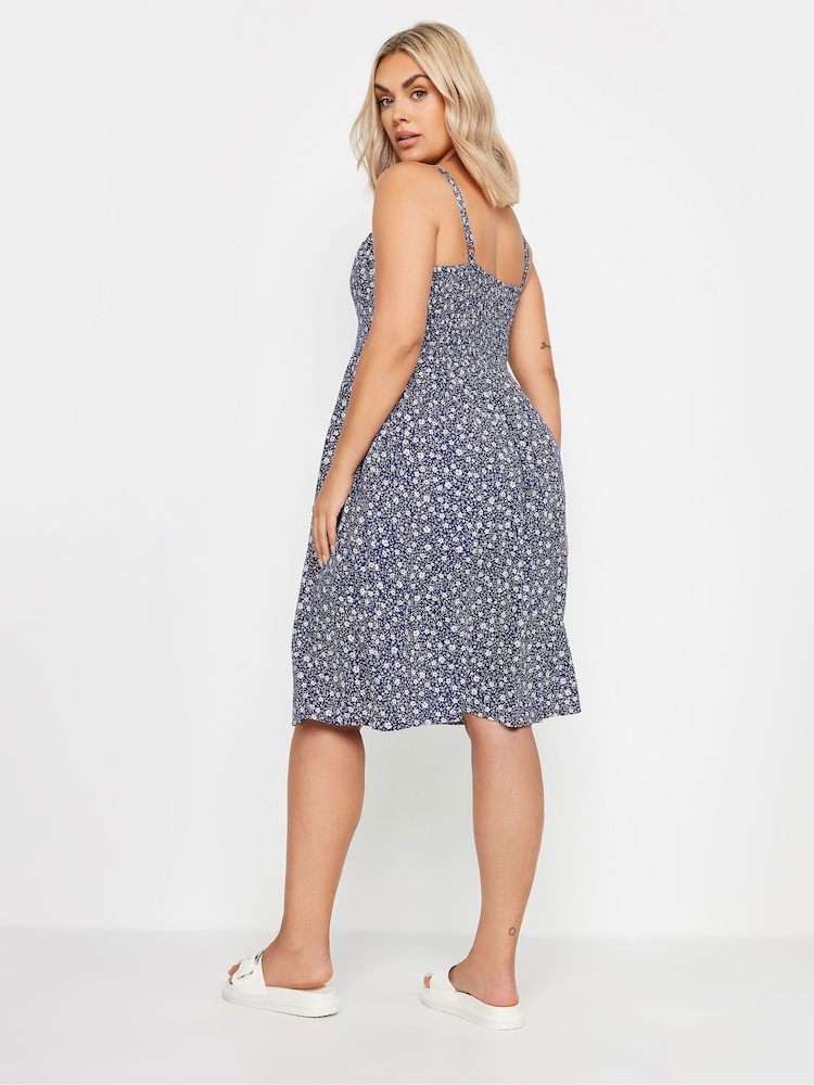 Yours Curve Blue Navy Ditsy Floral Print Strappy Sundress - Image 2 of 5