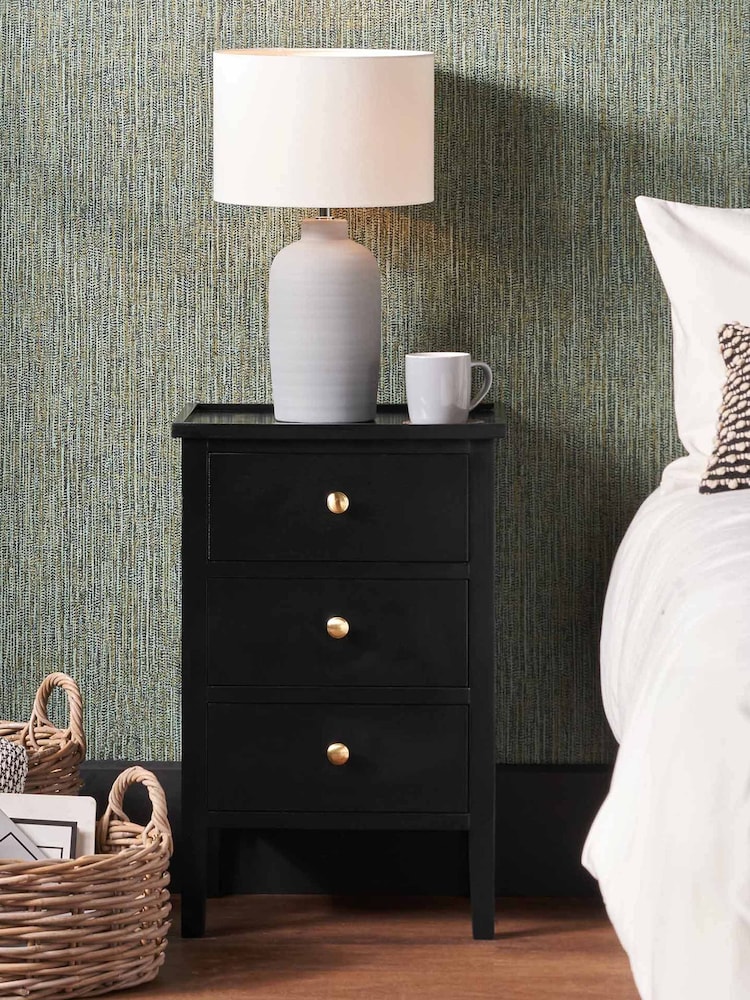 Pacific Satin Black Pine Wood 3 Drawer Bedside Unit - Image 1 of 6 Pacific Satin Black Pine Wood 3 Drawer Bedside Unit - Image 1 of 6
