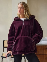 Burgundy Red Faux Fur Half Zip Jacket - Image 1 of 5