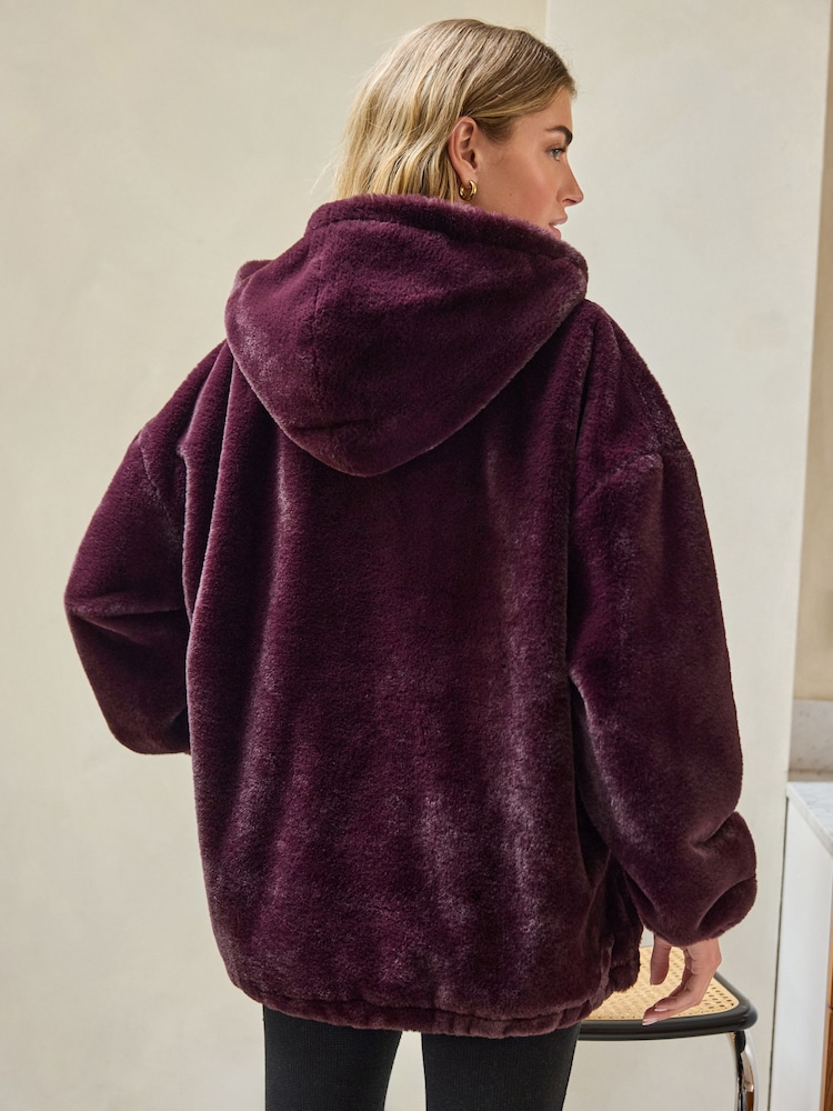 Burgundy Red Faux Fur Half Zip Jacket - Image 2 of 5