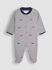 JoJo Maman Bébé Navy Car Embroidered Cotton Baby Sleepsuit - Image 1 of 3
