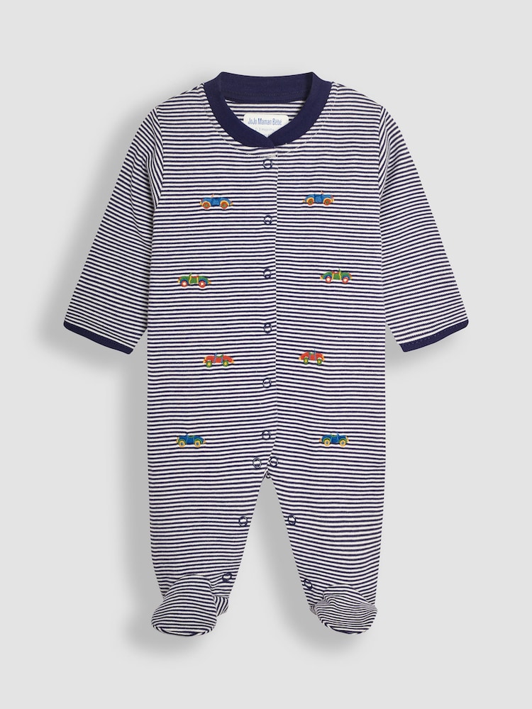 JoJo Maman Bébé Navy Car Embroidered Cotton Baby Sleepsuit - Image 1 of 3