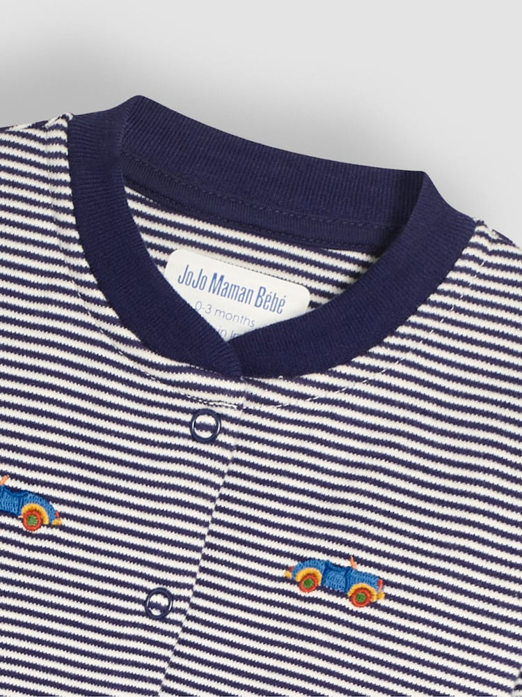 JoJo Maman Bébé Navy Car Embroidered Cotton Baby Sleepsuit - Image 3 of 3