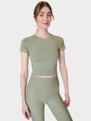 Sweaty Betty Savannah Green Athlete Crop Seamless Workout T-Shirt - Image 4 of 7