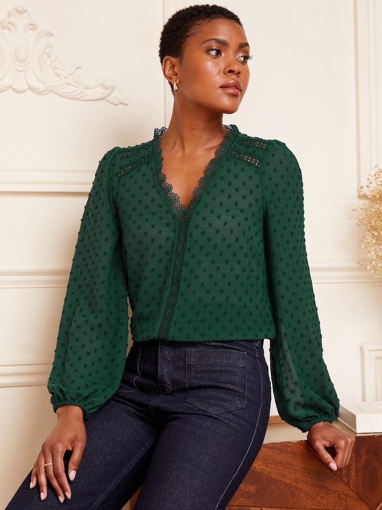 Love & Roses Green Petite V Neck Lace Trim Dobby Blouse - Image 1 of 4 Love & Roses Green Petite V Neck Lace Trim Dobby Blouse - Image 1 of 4