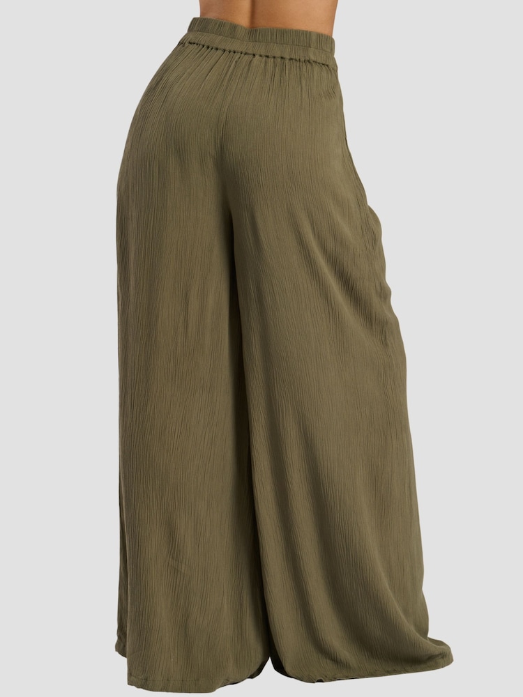South Beach Green Crinkle Vicose Wide Leg Trousers - Image 2 of 6 South Beach Green Crinkle Vicose Wide Leg Trousers - Image 2 of 6
