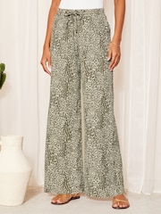 Friends Like These Khaki Green Wide Leg Crinkle Jersey Printed Elasticated Waist Trousers - Image 1 of 4