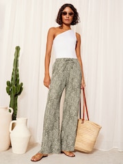 Friends Like These Khaki Green Wide Leg Crinkle Jersey Printed Elasticated Waist Trousers - Image 2 of 4