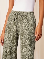 Friends Like These Khaki Green Wide Leg Crinkle Jersey Printed Elasticated Waist Trousers - Image 3 of 4