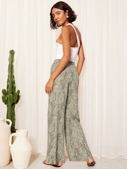 Friends Like These Khaki Green Wide Leg Crinkle Jersey Printed Elasticated Waist Trousers - Image 4 of 4