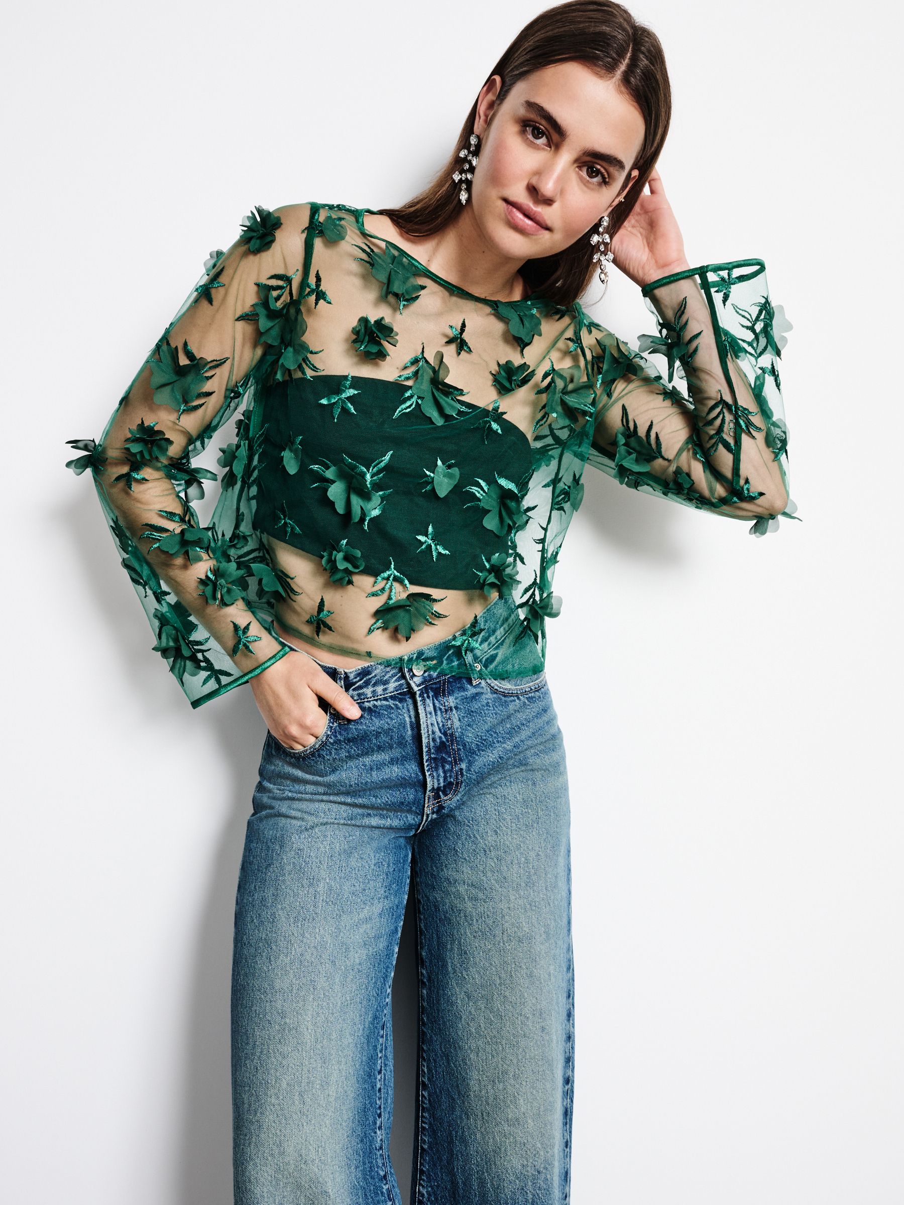 Buy Green 3D Floral Long Sleeve Mesh Top from Next Canada