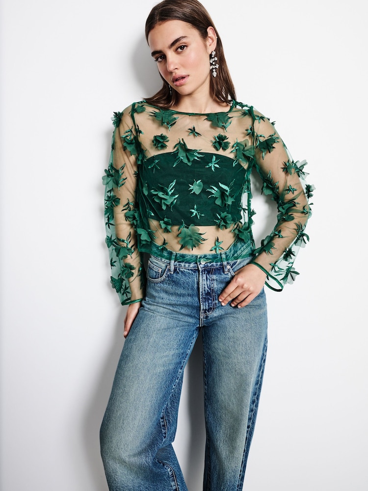Green 3D Floral Long Sleeve Mesh Top - Image 2 of 4