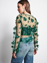 Green 3D Floral Long Sleeve Mesh Top - Image 3 of 4
