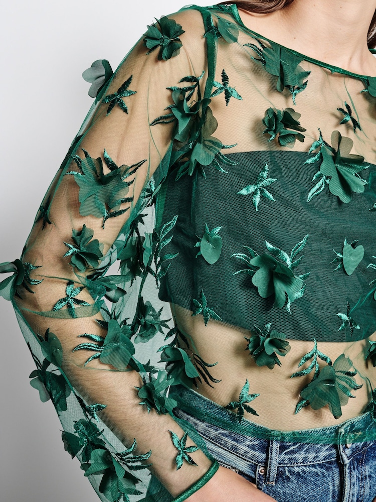 Green 3D Floral Long Sleeve Mesh Top - Image 4 of 4