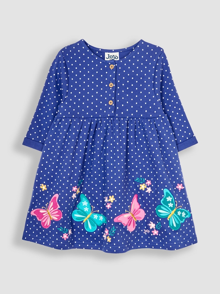 JoJo Maman Bébé Blue Butterfly Appliqué Button Front Dress - Image 1 of 4